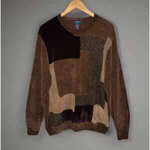 Dockers Sweater Chenille -Brown Geometric Textured Block Retro Fall - Soft - XL